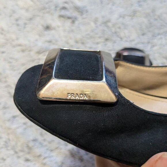 Prada Suede Heels Black Block Heels Buckle Size 40 US 10 - Picture 7 of 10